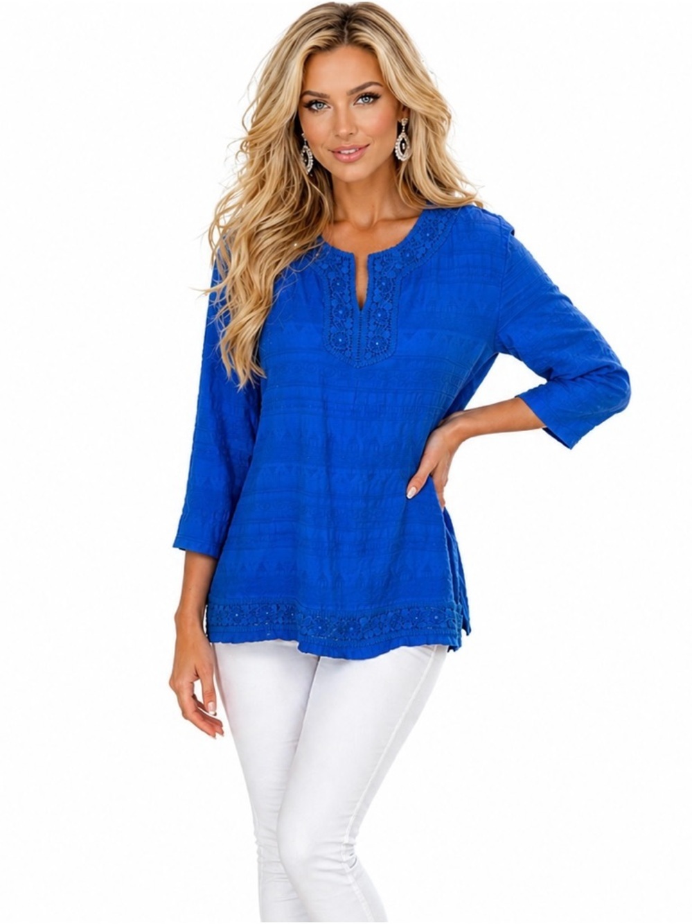 Alfred Dunner Size 14P Blue Textured Tunic Top 3/4 Sleeve Lace Trim
